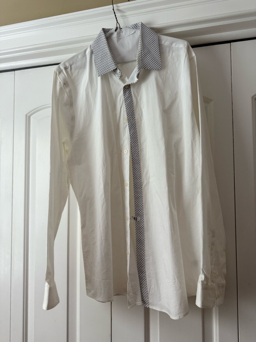 Express White Dress Shirt with Patterned Collar & Placket